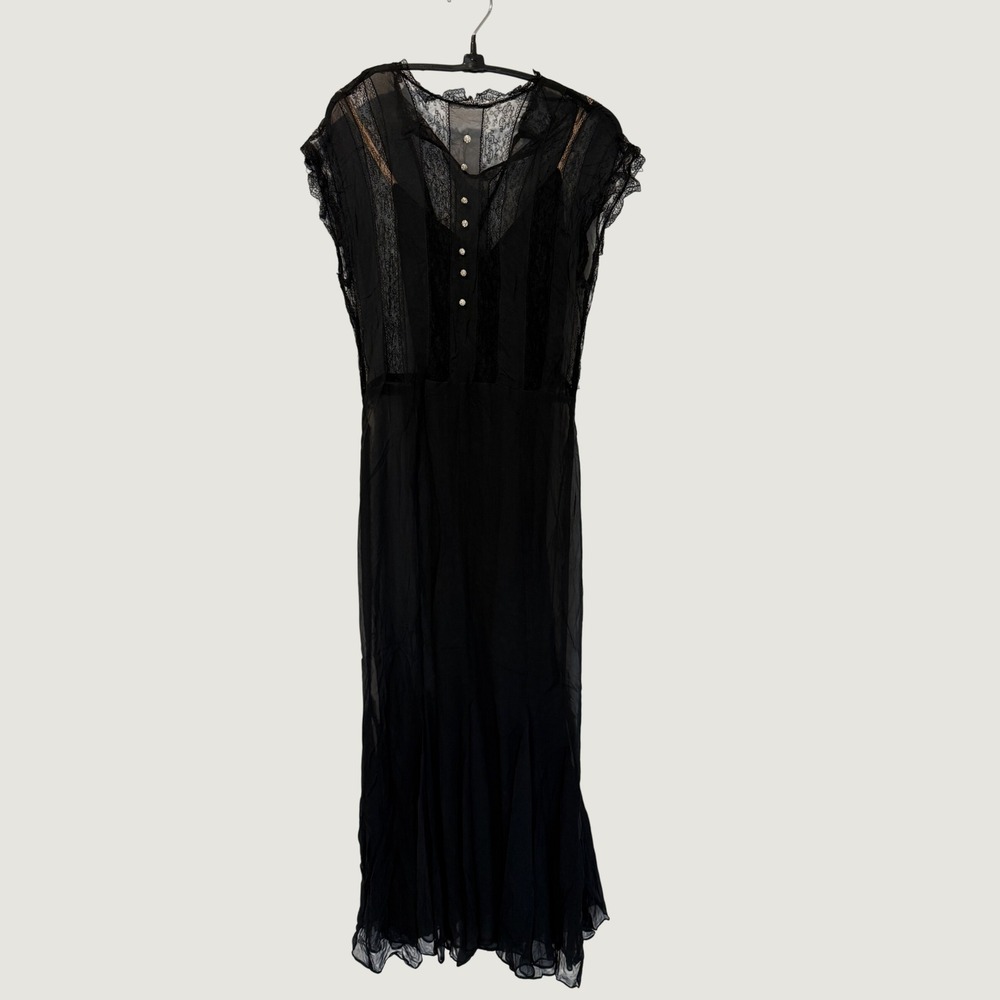 Vintage 1930s NRA Tag Black Sheer Lace Chiffon Maxi Dress